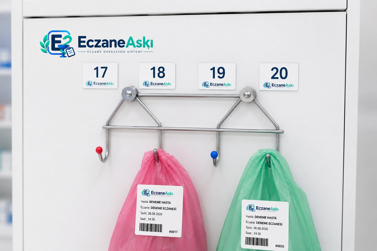 Dolap kapağına yapıştırılmış 17, 18, 19, 20 numaralı askı kartları ve altlarındaki kancalarda hasta adı, tarih, saat ve karekod taşıyan etiketli poşetler