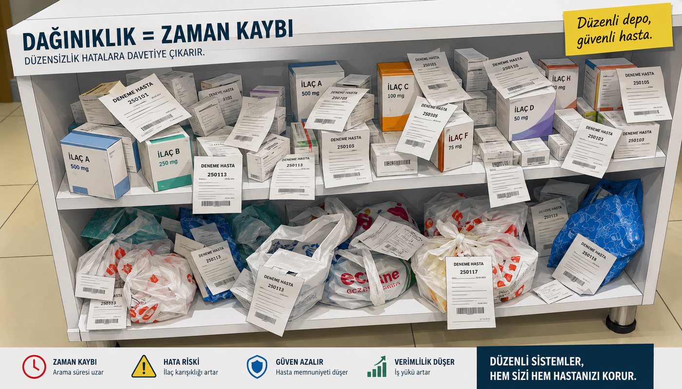 Eczane rafında düzensiz duran ilaç kutuları ve poşetler; üzerlerine elle yazılmış hasta notları iliştirilmiş