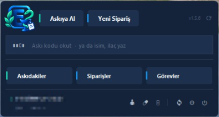 EczaneAskı paneli: Askıya Al ve Yeni Sipariş düğmeleri, askı kodu okutma kutusu, Askıdakiler / Siparişler / Görevler sekmeleri